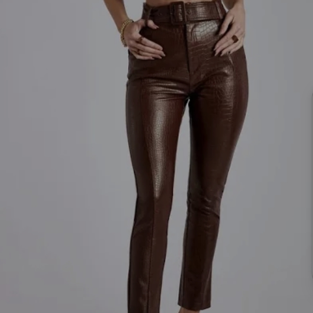 Meshki croc faux leather slit trousers